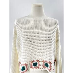 Sincerely Jules White Crochet Granny Square Sweater Pullover Grannycore XS NWOT